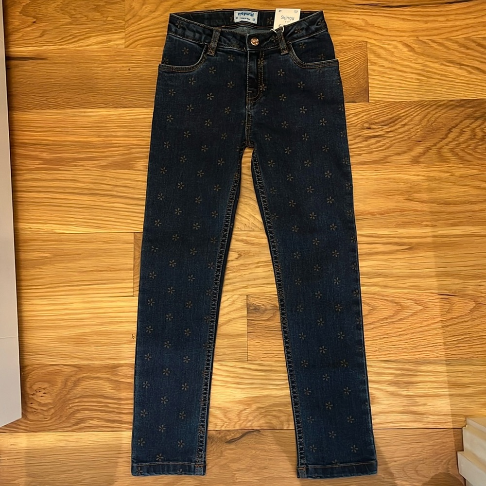 Mayoral printed blue jeans, size 6, NWT